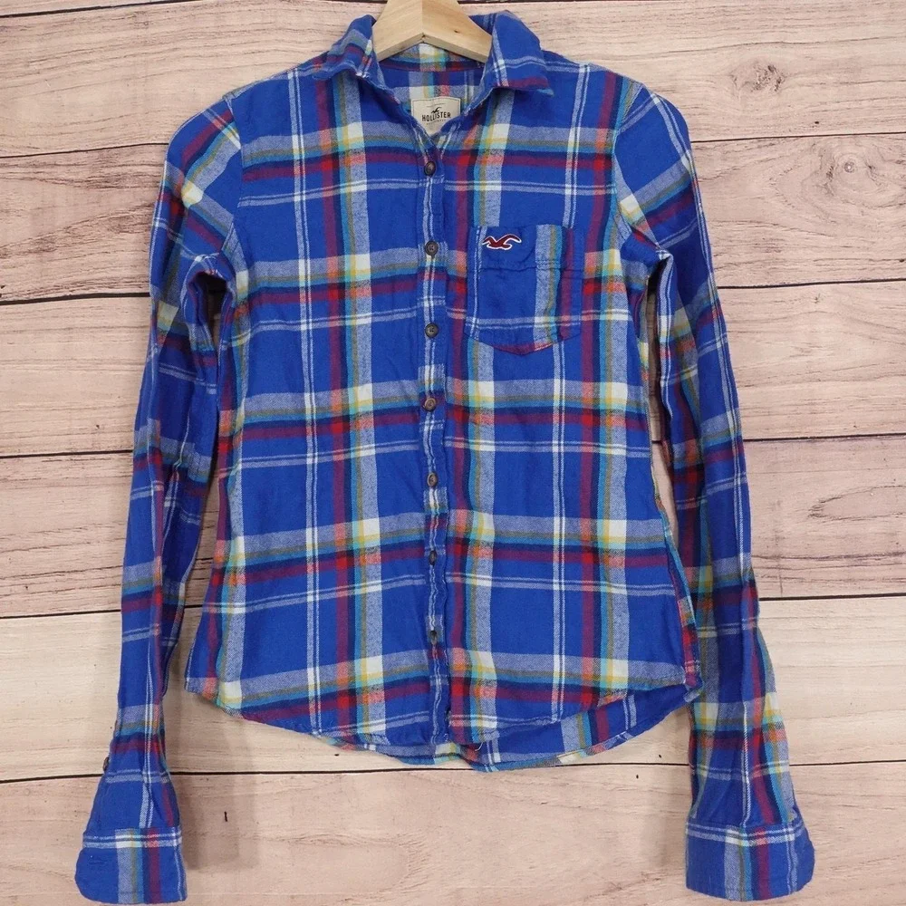 New! Hollister Button-Up Womens XS Blue‎ Plaid Flannel Long Sleeve Shirt Top